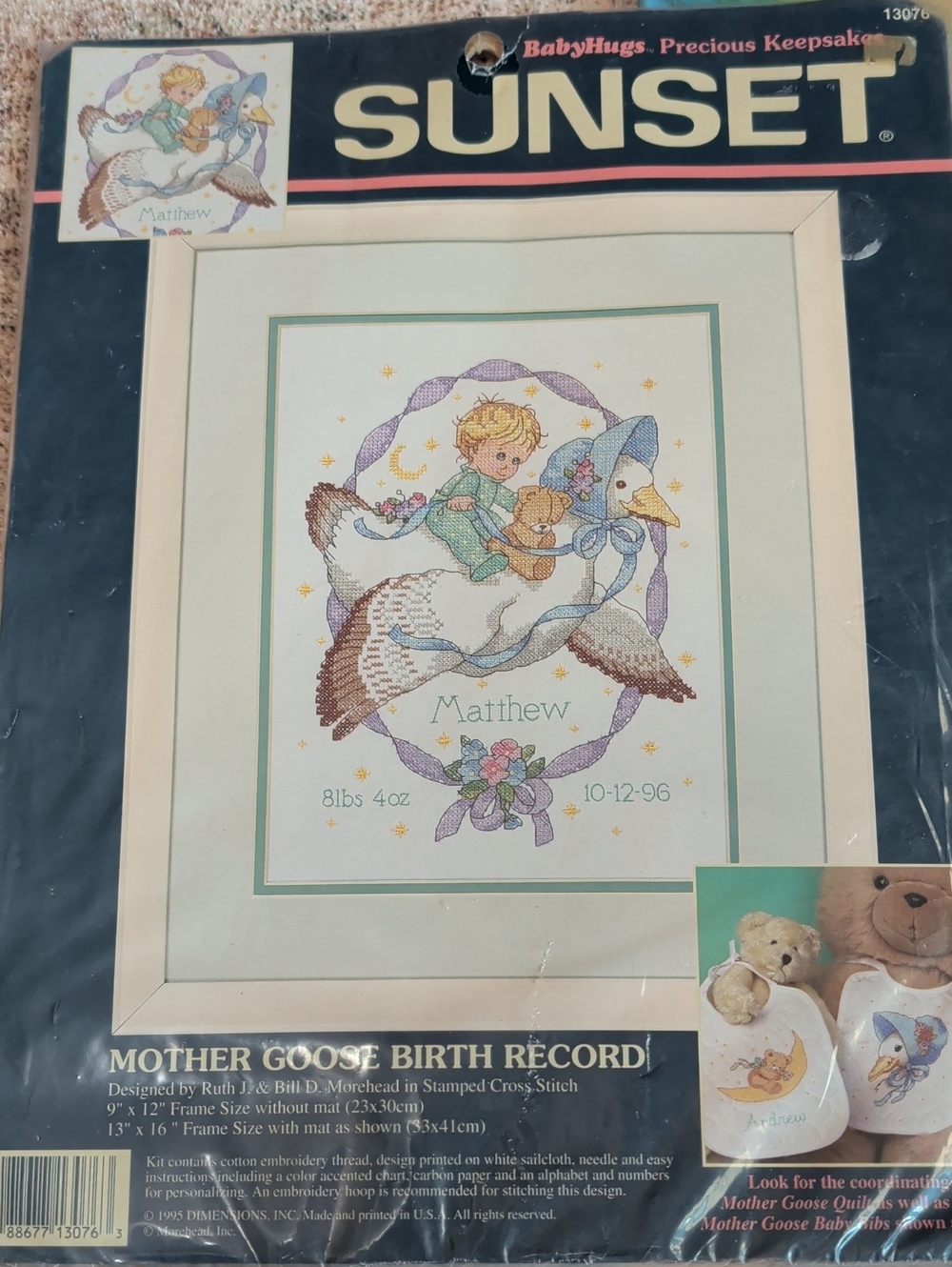 SUNSET Mother Goose Birth Record Cross Stitch Kit - White & Pastel